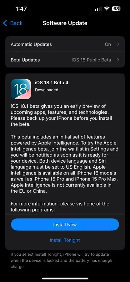 Apple releases iOS 18.1 beta