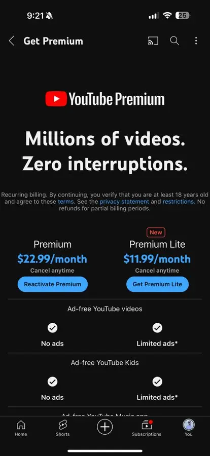 Youtube Premium Lite Plan