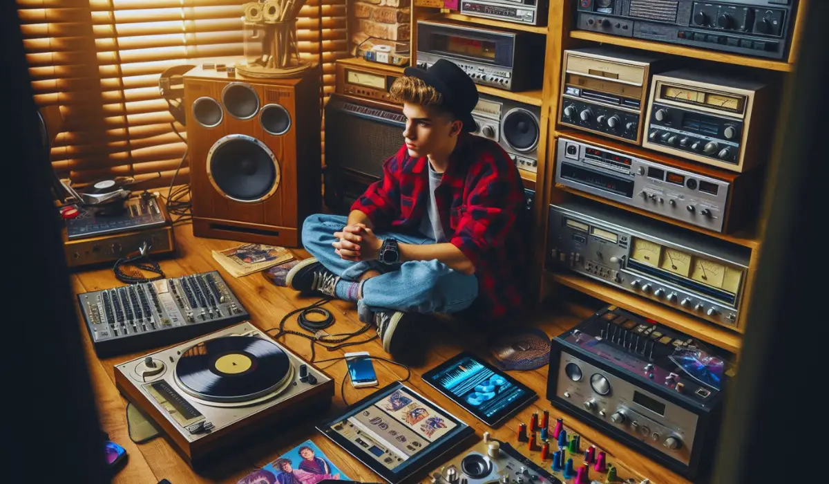 Teenager with Vintage Audio Equipment